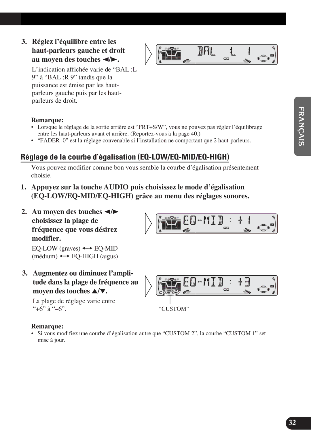 Pioneer DEH-P4300 operation manual Réglage de la courbe d’égalisation EQ-LOW/EQ-MID/EQ-HIGH 