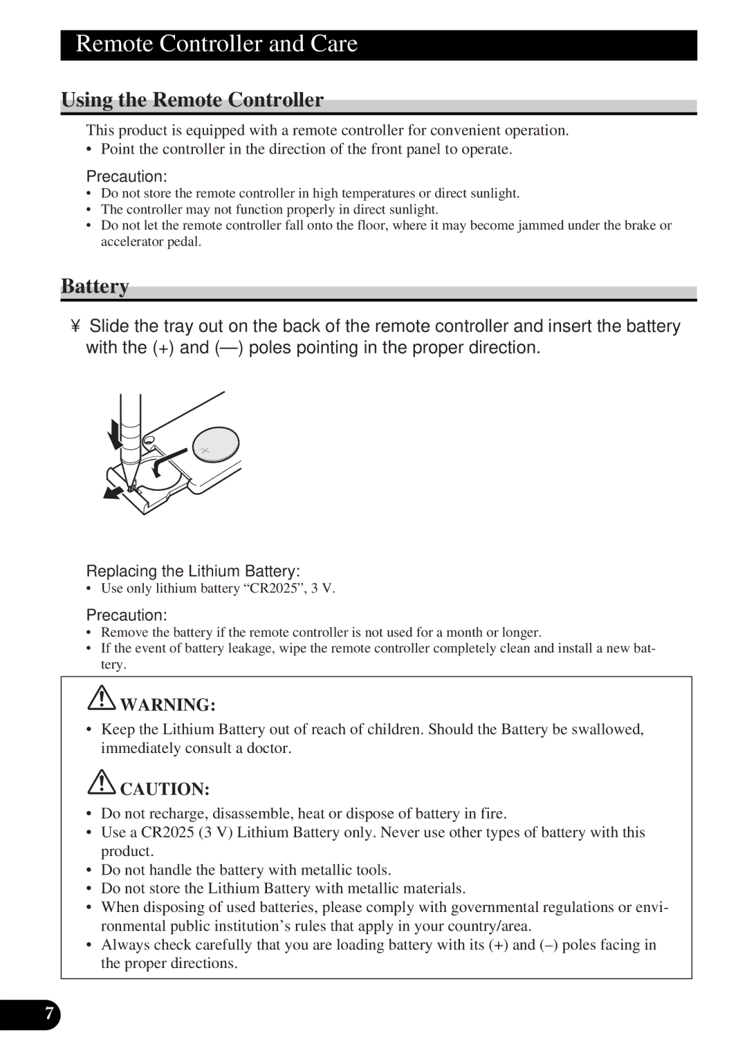 Pioneer DEH-P4300 operation manual Remote Controller and Care, Using the Remote Controller, Battery, Precaution 