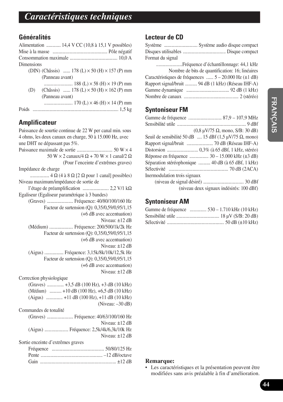 Pioneer DEH-P4300 operation manual Caractéristiques techniques 