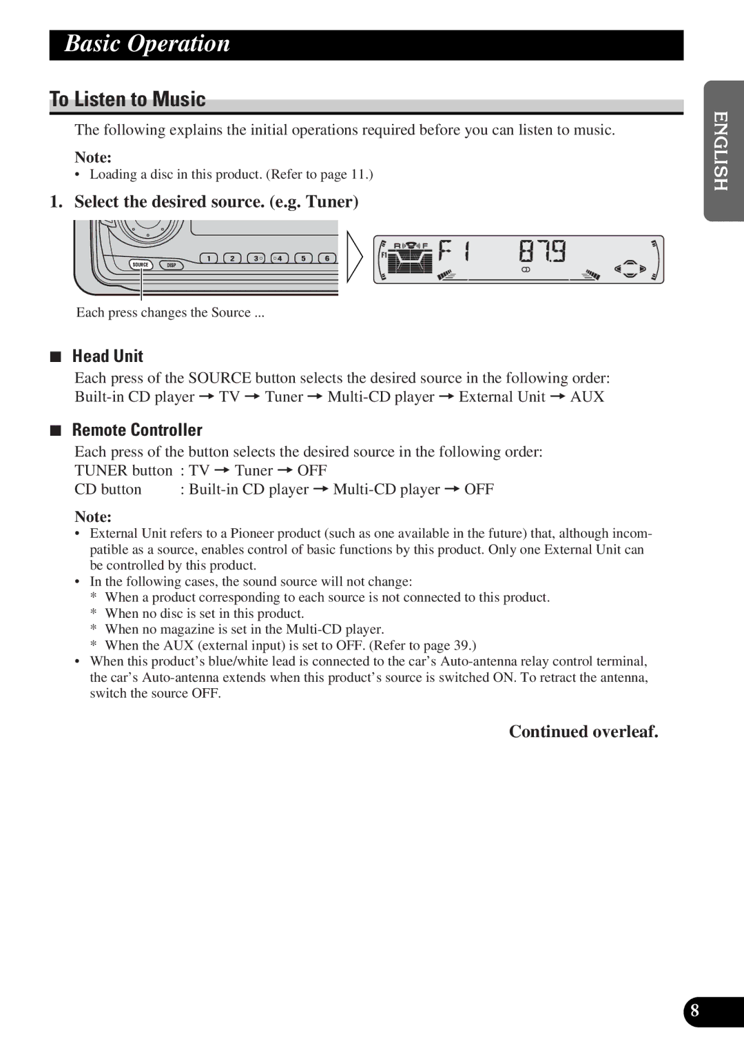 Pioneer DEH-P4300 operation manual Basic Operation, To Listen to Music, Head Unit, Remote Controller 