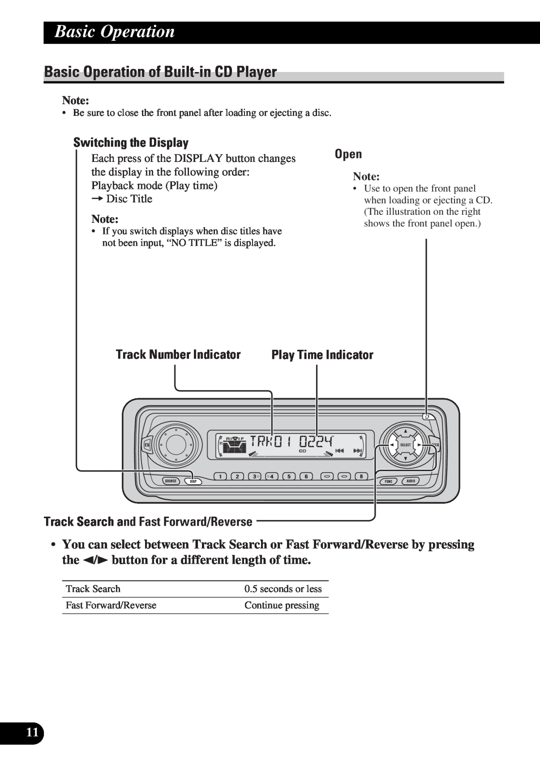 Pioneer DEH-P4300 Basic Operation of Built-inCD Player, Switching the Display, Open, Track Number Indicator 