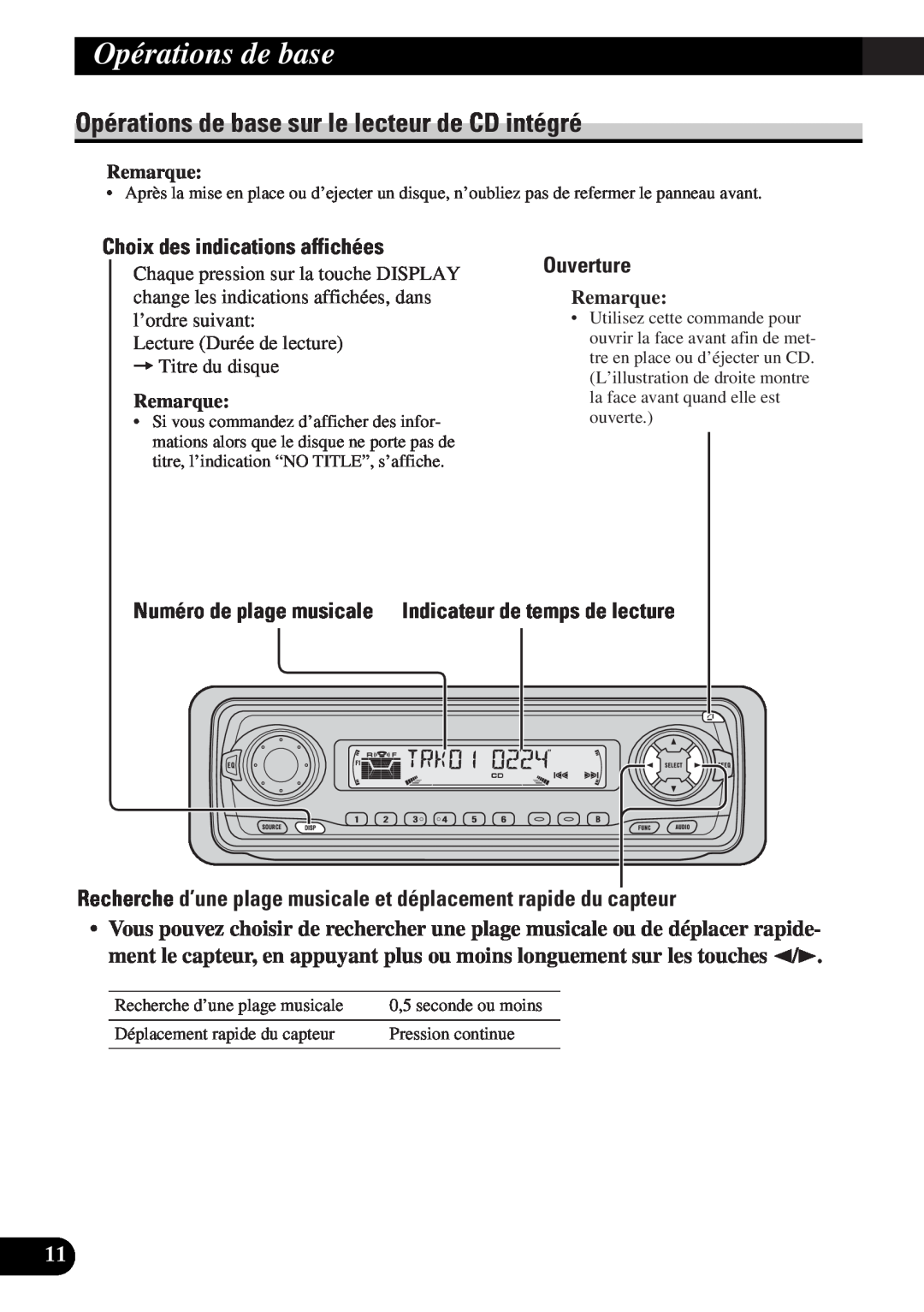 Pioneer DEH-P43 Opérations de base sur le lecteur de CD intégré, Choix des indications affichées, Ouverture, Remarque 