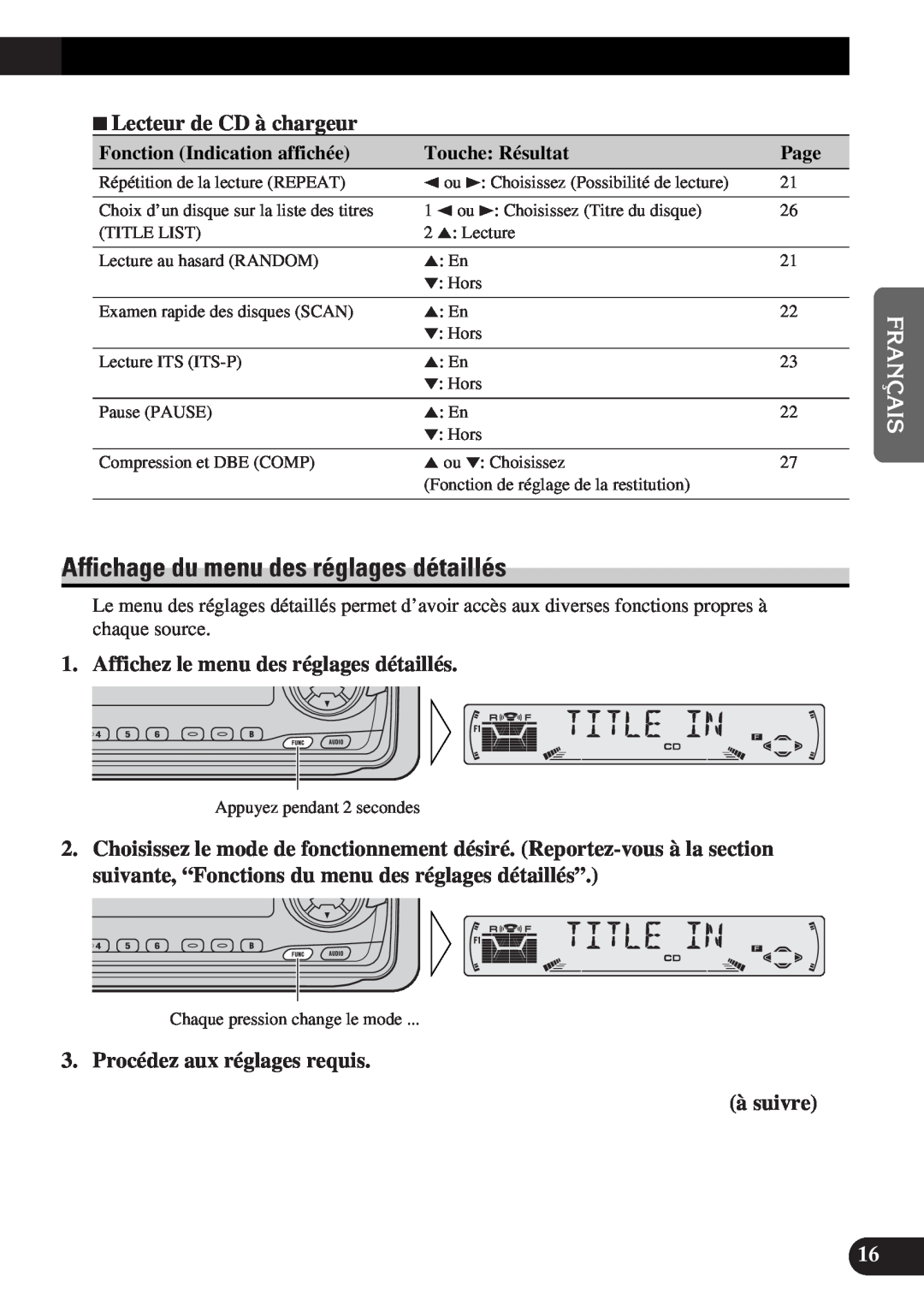 Pioneer DEH-P4300 Affichage du menu des réglages détaillés, 7Lecteur de CD à chargeur, English Français Deutsch Français 