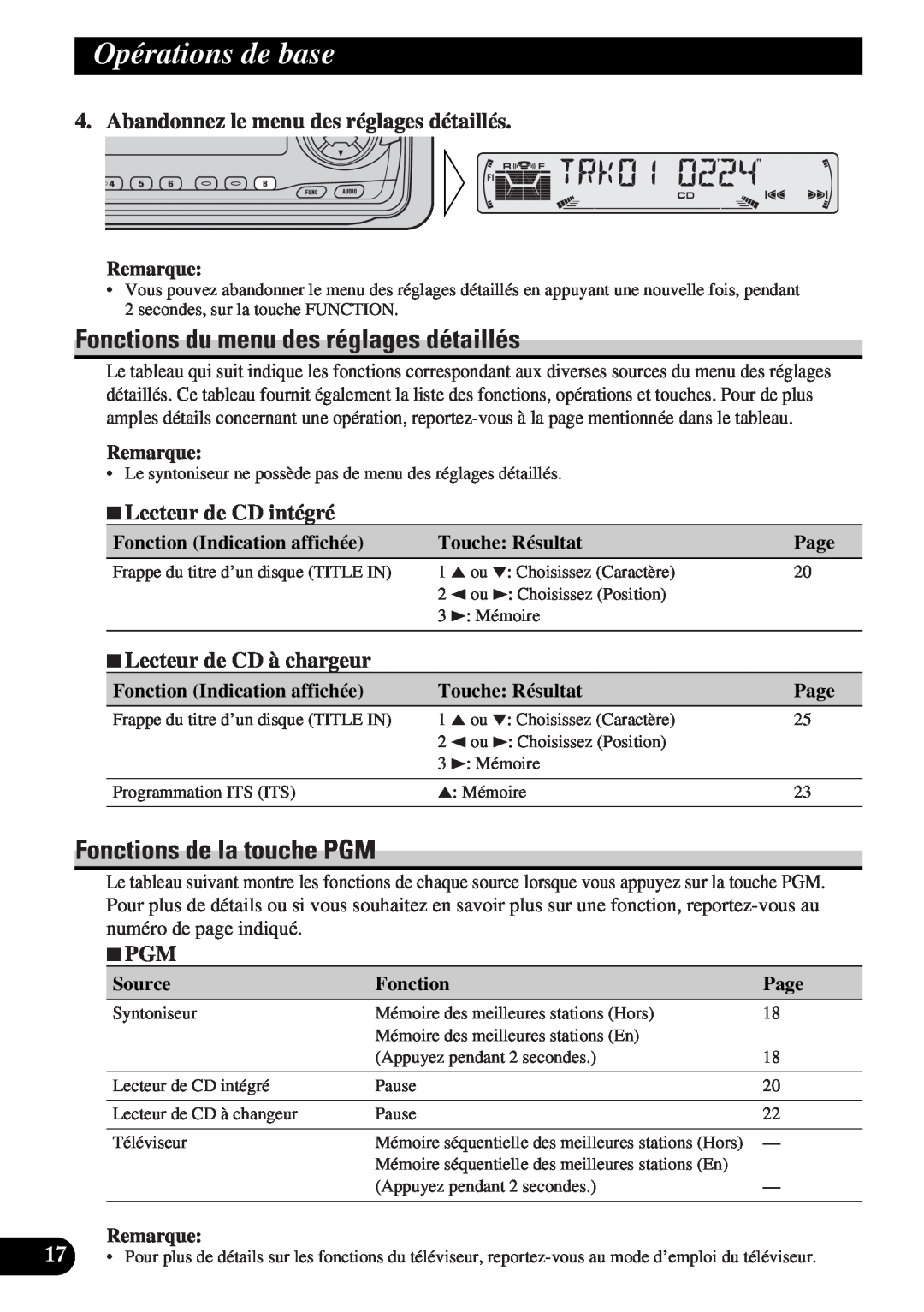 Pioneer DEH-P43 Fonctions du menu des réglages détaillés, Fonctions de la touche PGM, Opérations de base, 7PGM, Remarque 
