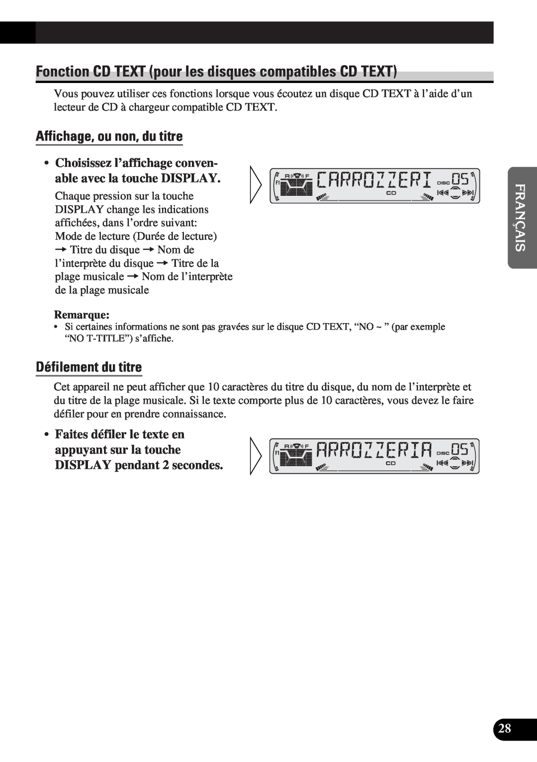 Pioneer DEH-P4300 operation manual Affichage, ou non, du titre, Défilement du titre 