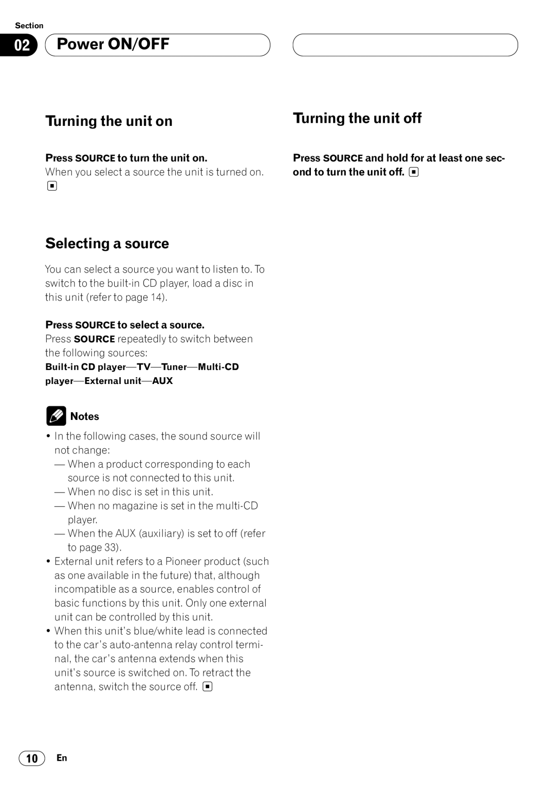 Pioneer DEH-P4400 operation manual Power ON/OFF, Turning the unit on, Selecting a source, Turning the unit off 