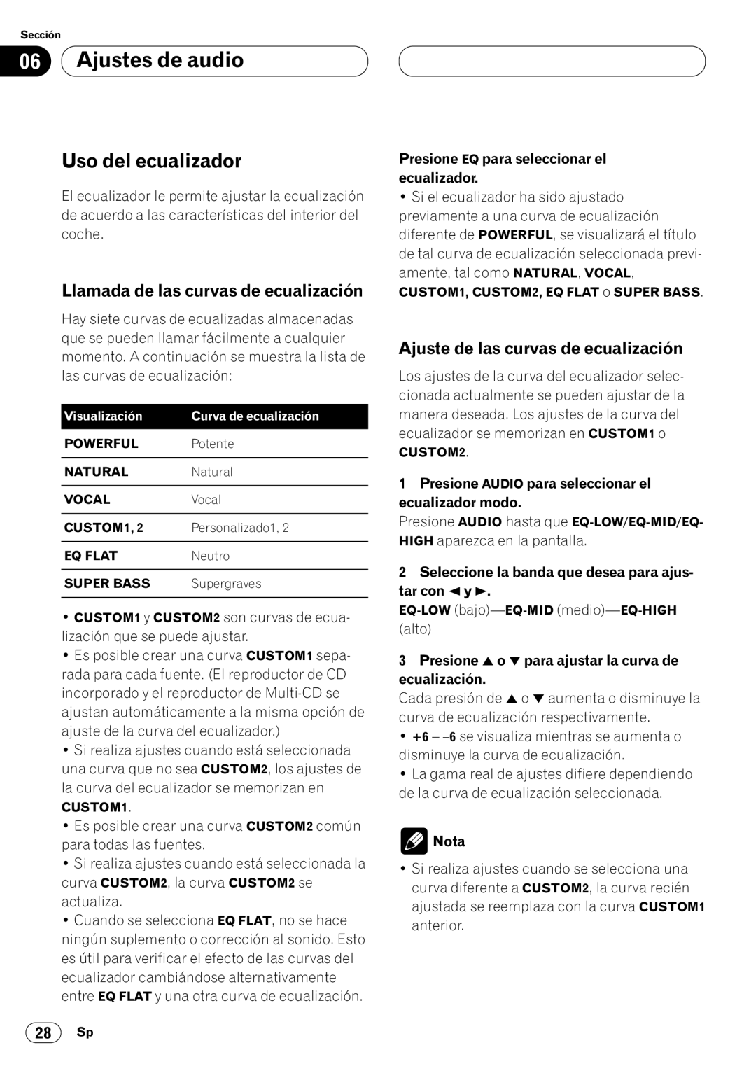 Pioneer DEH-P4400 Uso del ecualizador, Llamada de las curvas de ecualización, Ajuste de las curvas de ecualización 