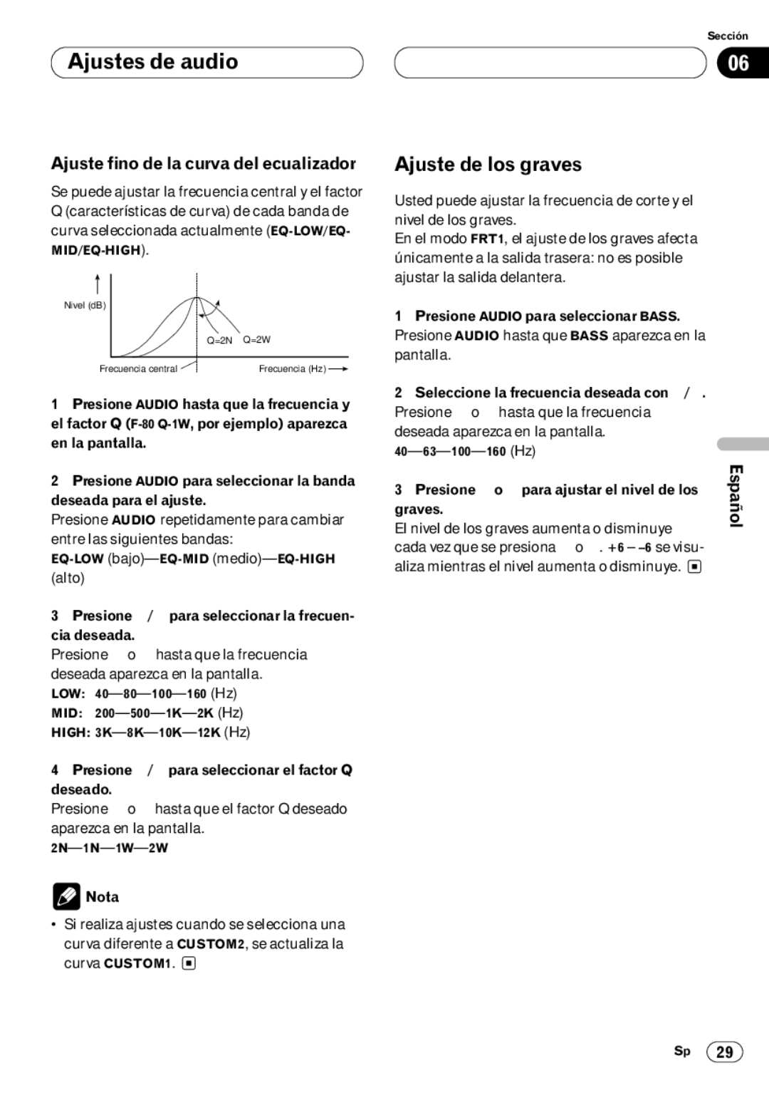 Pioneer DEH-P4400 operation manual Ajuste de los graves, Ajuste fino de la curva del ecualizador 