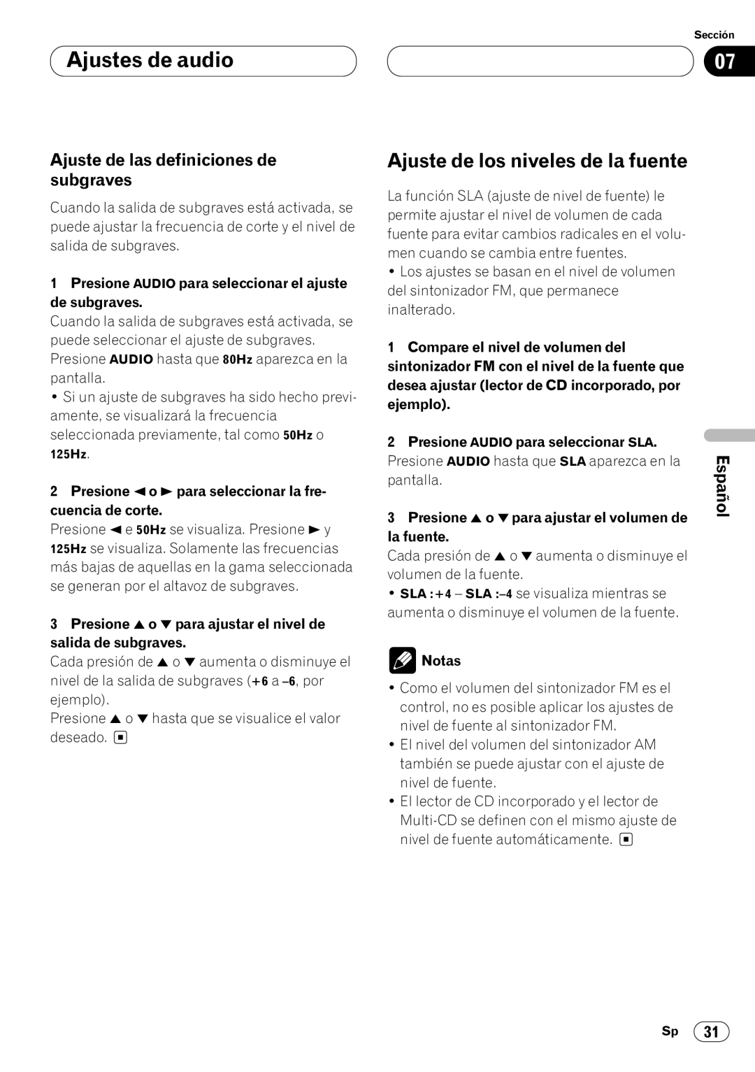 Pioneer DEH-P4400 operation manual Ajuste de los niveles de la fuente, Ajuste de las definiciones de subgraves 