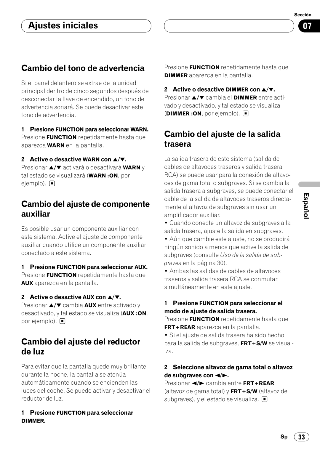 Pioneer DEH-P44 Cambio del tono de advertencia, Cambio del ajuste de componente auxiliar, Cambio del ajuste de la salida 