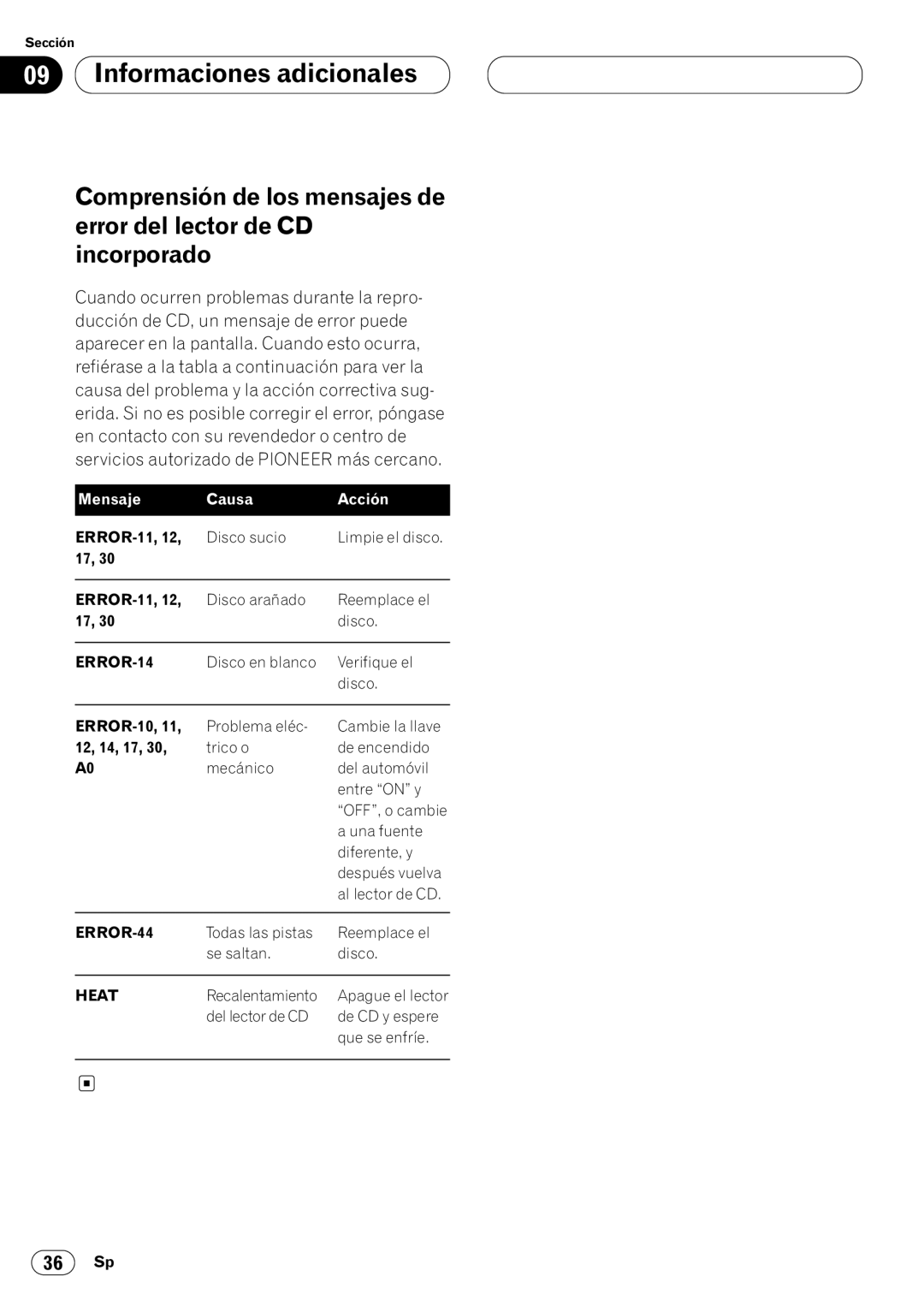 Pioneer DEH-P4400 operation manual Mensaje Causa Acción 