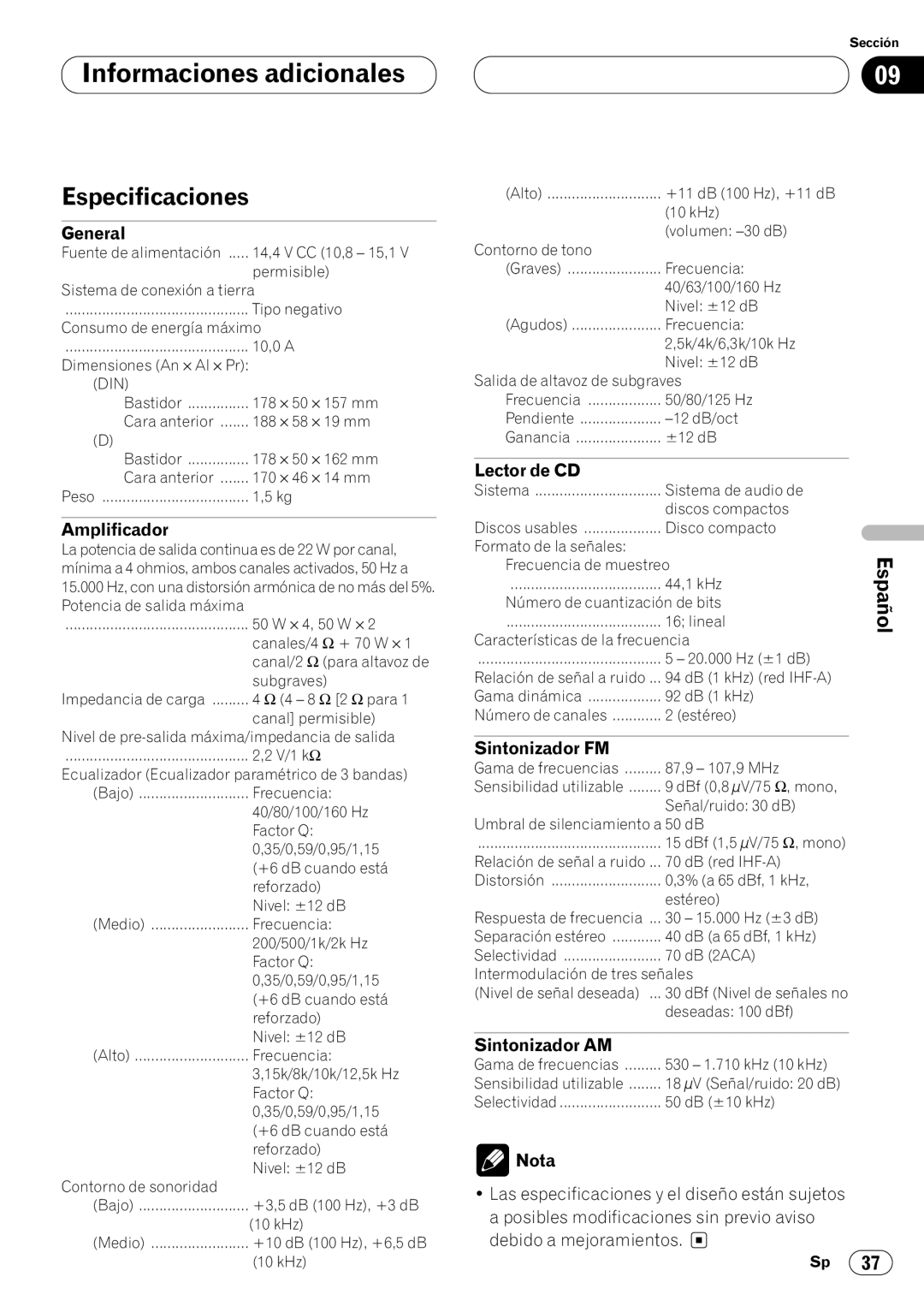 Pioneer DEH-P4400 operation manual Especificaciones, Amplificador, Lector de CD, Sintonizador FM, Sintonizador AM 