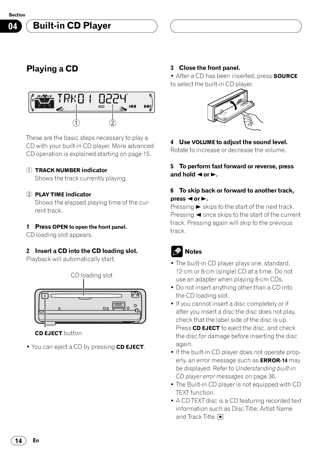 Pioneer DEH-P4400 operation manual Built-in CD Player, Playing a CD, Close the front panel 