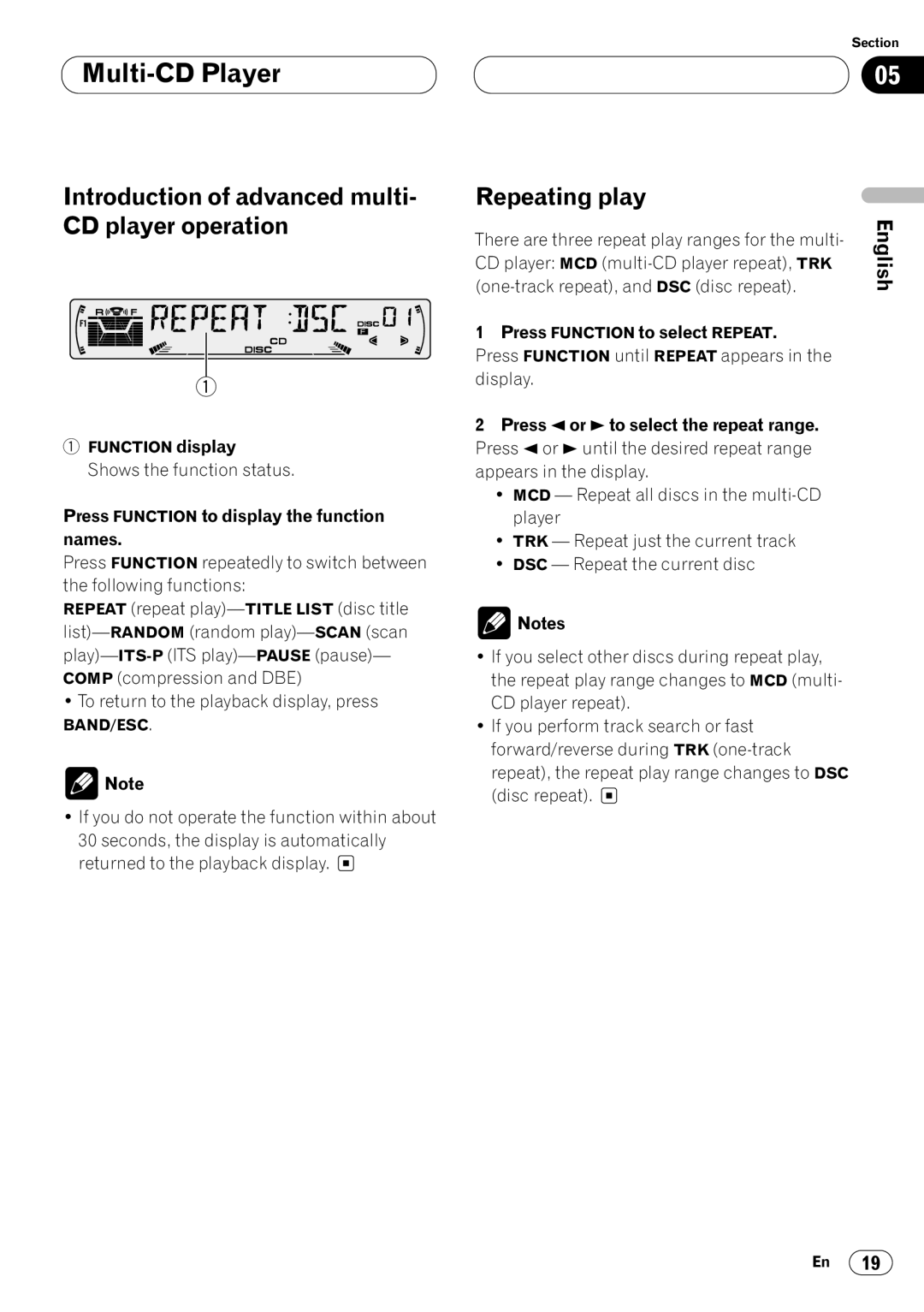 Pioneer DEH-P4400 Introduction of advanced multi- CD player operation, Press 2 or 3 to select the repeat range 