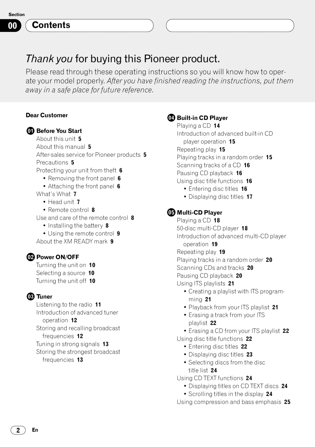 Pioneer DEH-P4400 operation manual Contents, Power ON/OFF, Tuner, Built-in CD Player, Multi-CD Player 