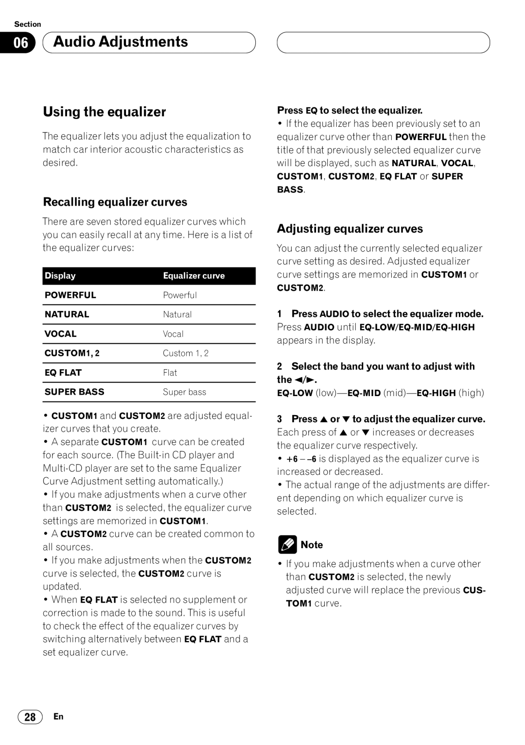 Pioneer DEH-P4400 operation manual Using the equalizer, Recalling equalizer curves, Adjusting equalizer curves 