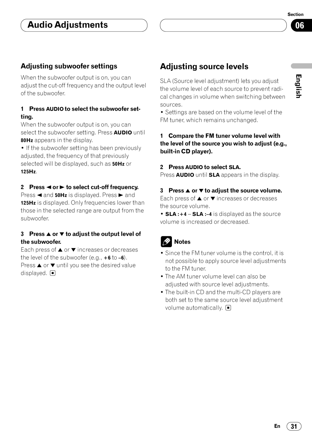 Pioneer DEH-P4400 operation manual Adjusting source levels, Adjusting subwoofer settings 