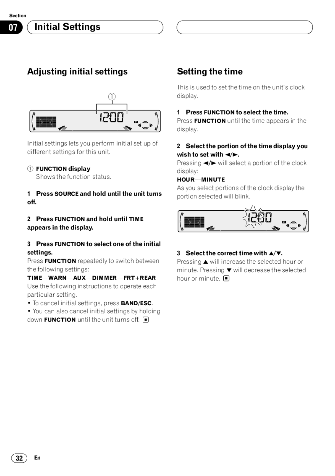 Pioneer DEH-P4400 operation manual Initial Settings, Adjusting initial settings, Setting the time 