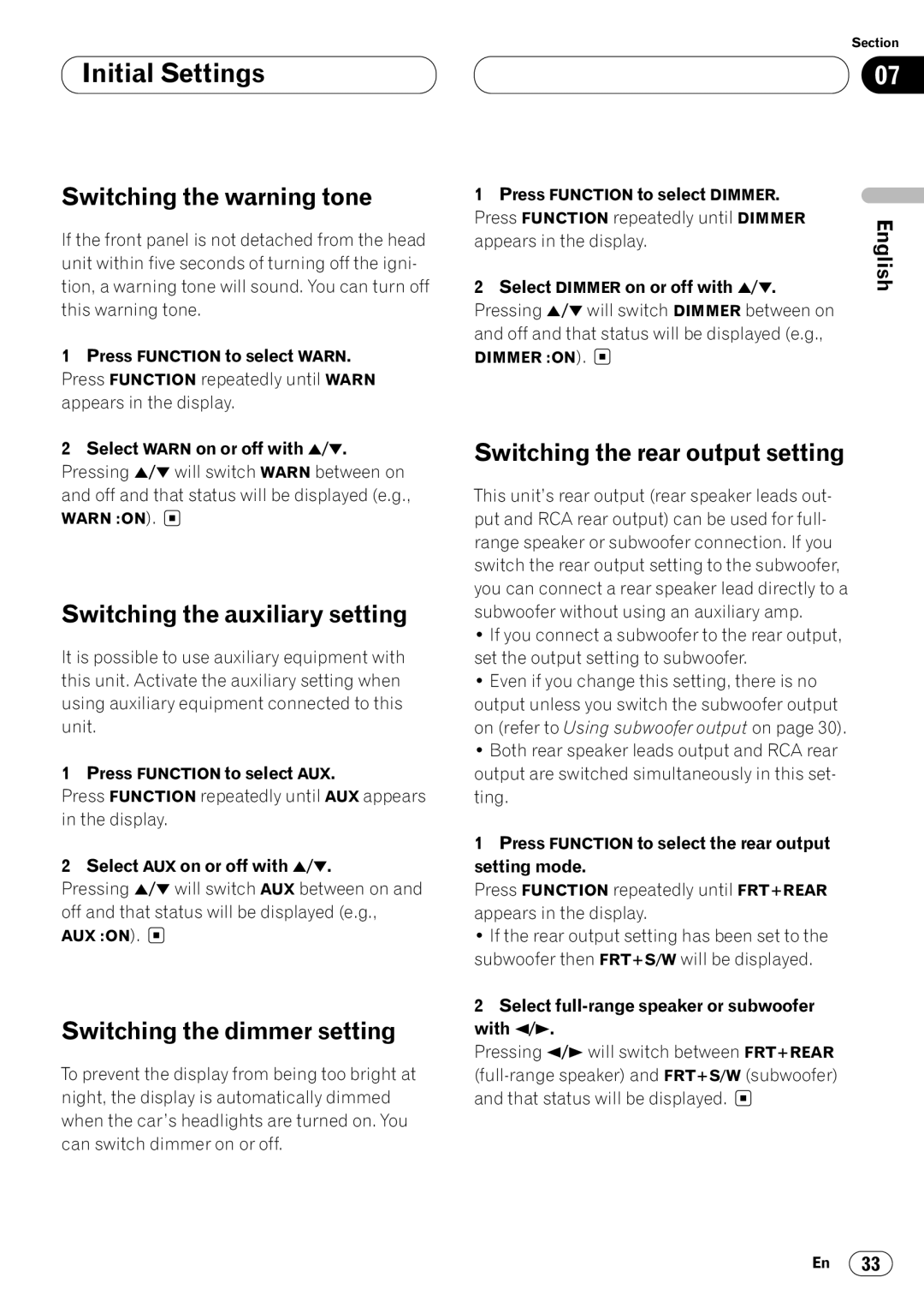 Pioneer DEH-P4400 Switching the warning tone, Switching the auxiliary setting, Switching the dimmer setting 