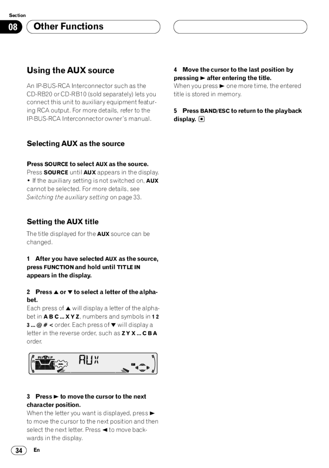 Pioneer DEH-P4400 Other Functions, Using the AUX source, Selecting AUX as the source, Setting the AUX title 