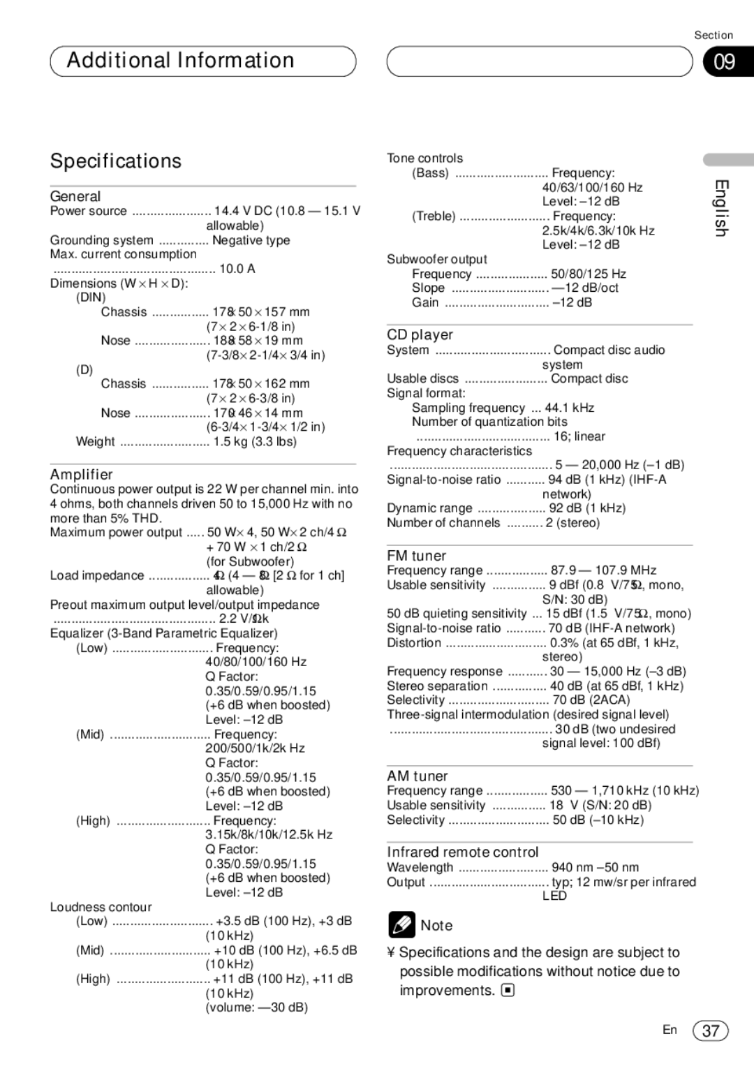 Pioneer DEH-P4400 operation manual Specifications 