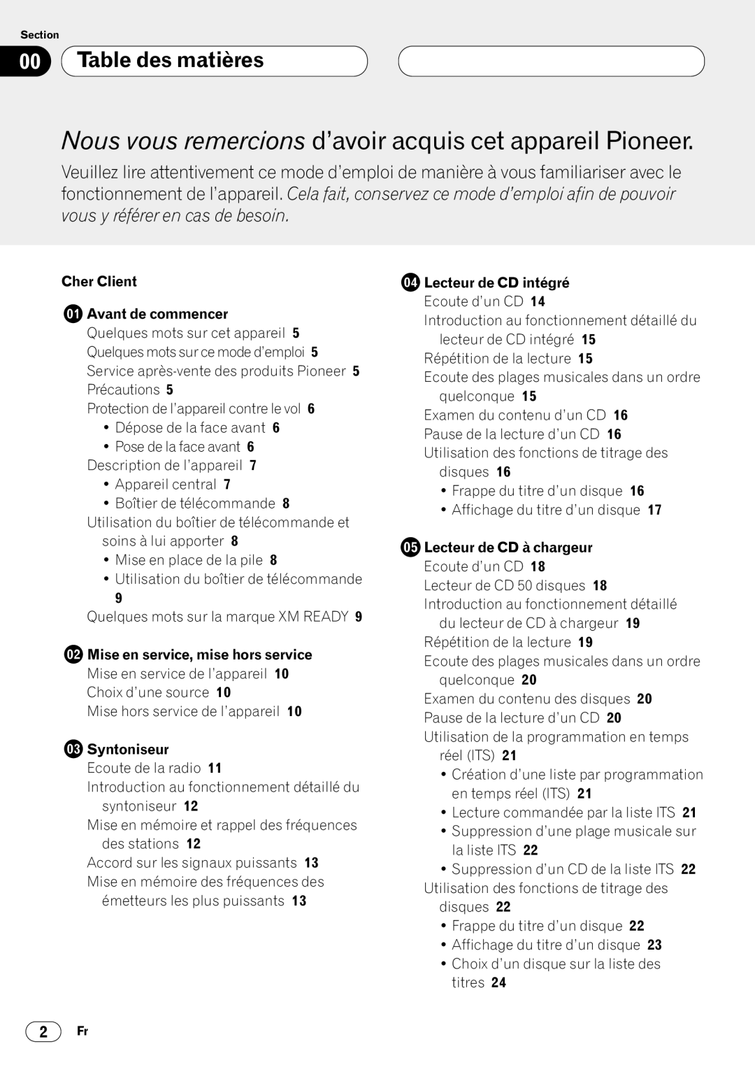 Pioneer DEH-P4400 operation manual Table des matières, Cher Client Avant de commencer, Mise en service, mise hors service 