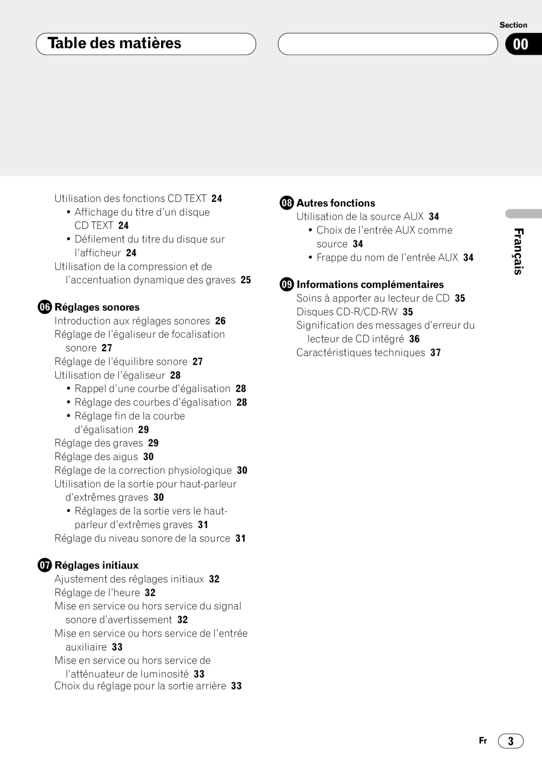 Pioneer DEH-P4400 operation manual Réglages sonores, Réglages initiaux, Autres fonctions, Informations complémentaires 