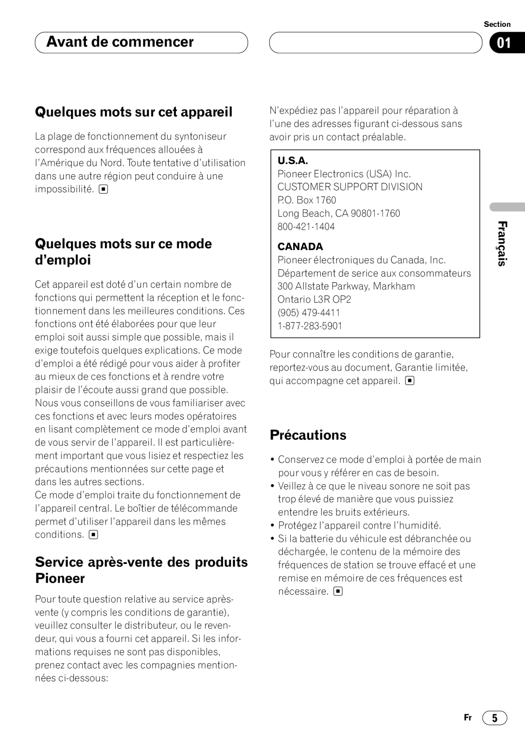 Pioneer DEH-P44 Avant de commencer, Quelques mots sur cet appareil, Quelques mots sur ce mode d’emploi, Précautions 