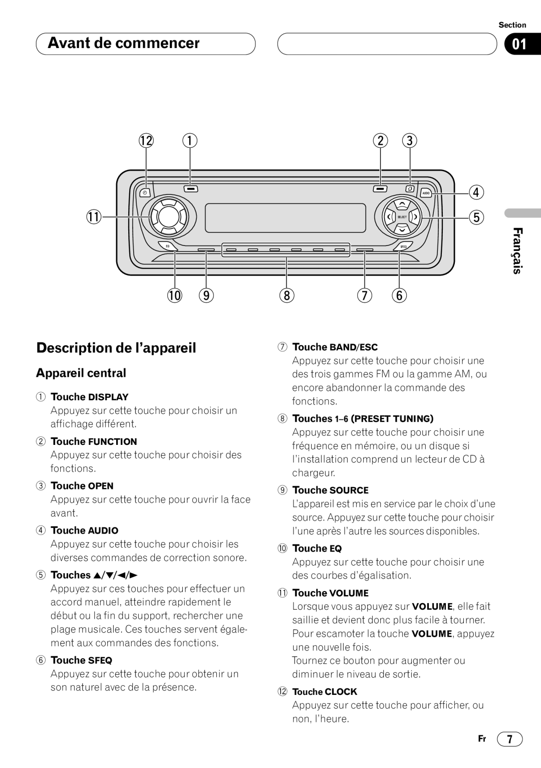 Pioneer DEH-P4400 operation manual Description de l’appareil, Appareil central 