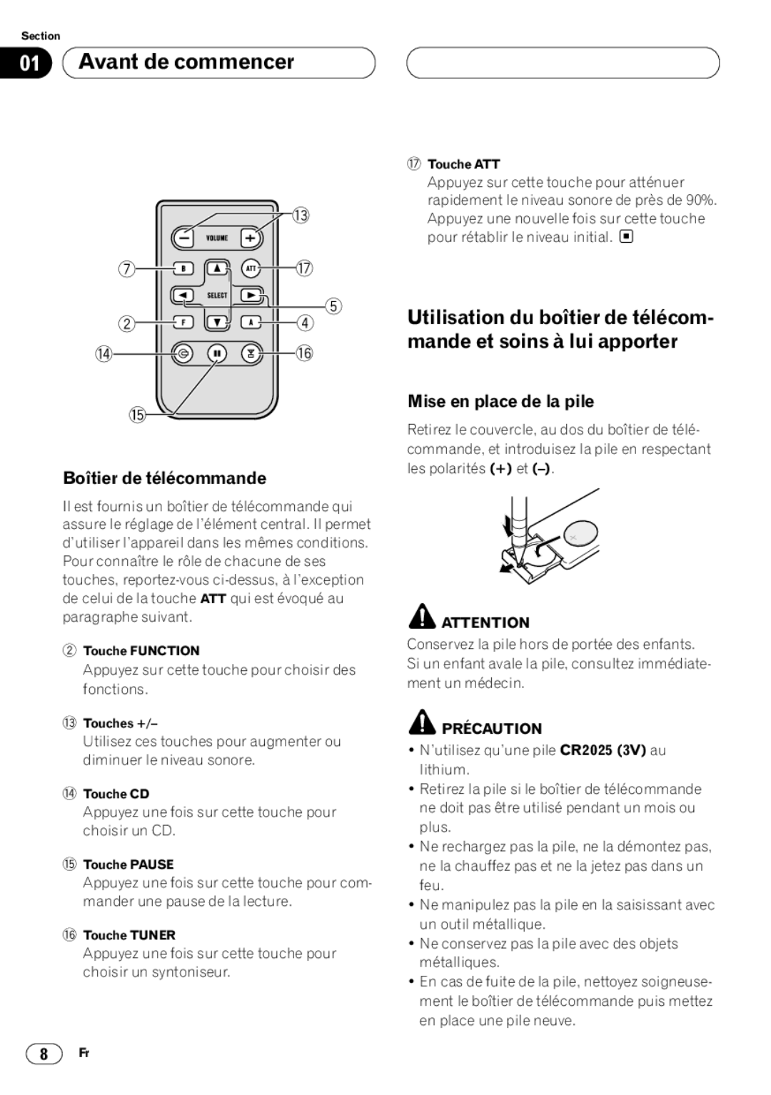 Pioneer DEH-P4400 operation manual Boîtier de télécommande, Précaution 