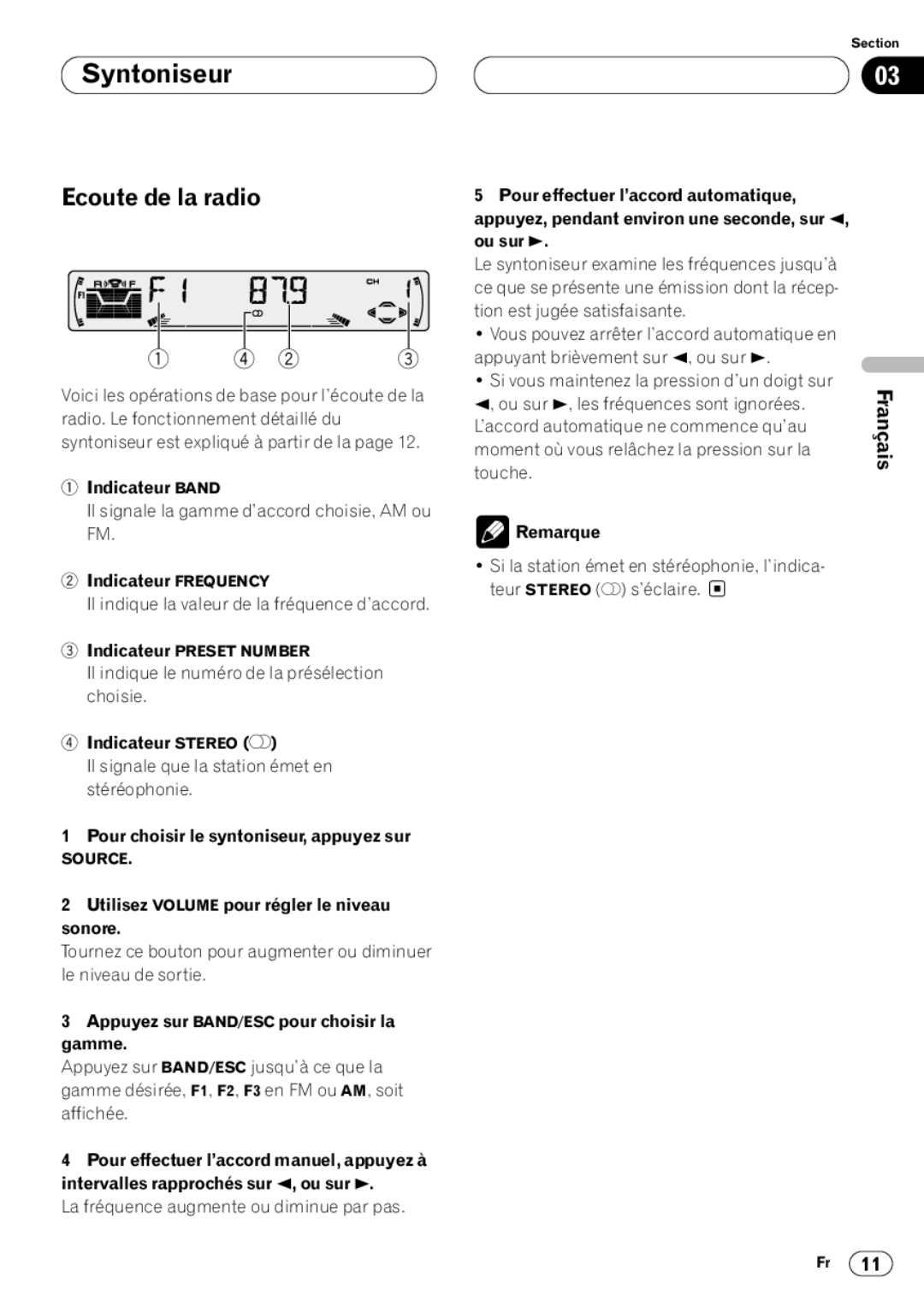 Pioneer DEH-P4400 operation manual Syntoniseur, Ecoute de la radio, Français 