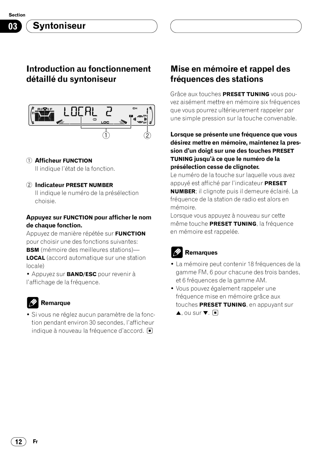 Pioneer DEH-P4400 Introduction au fonctionnement, Détaillé du syntoniseur Fréquences des stations, Afficheur Function 