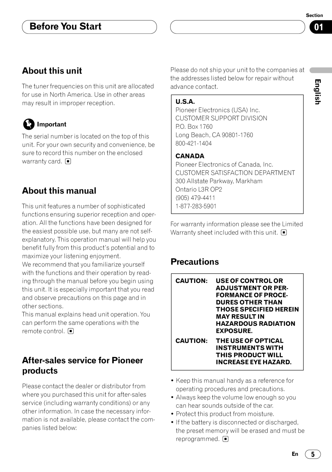 Pioneer DEH-P4400 Before You Start, About this unit, About this manual, After-sales service for Pioneer products 