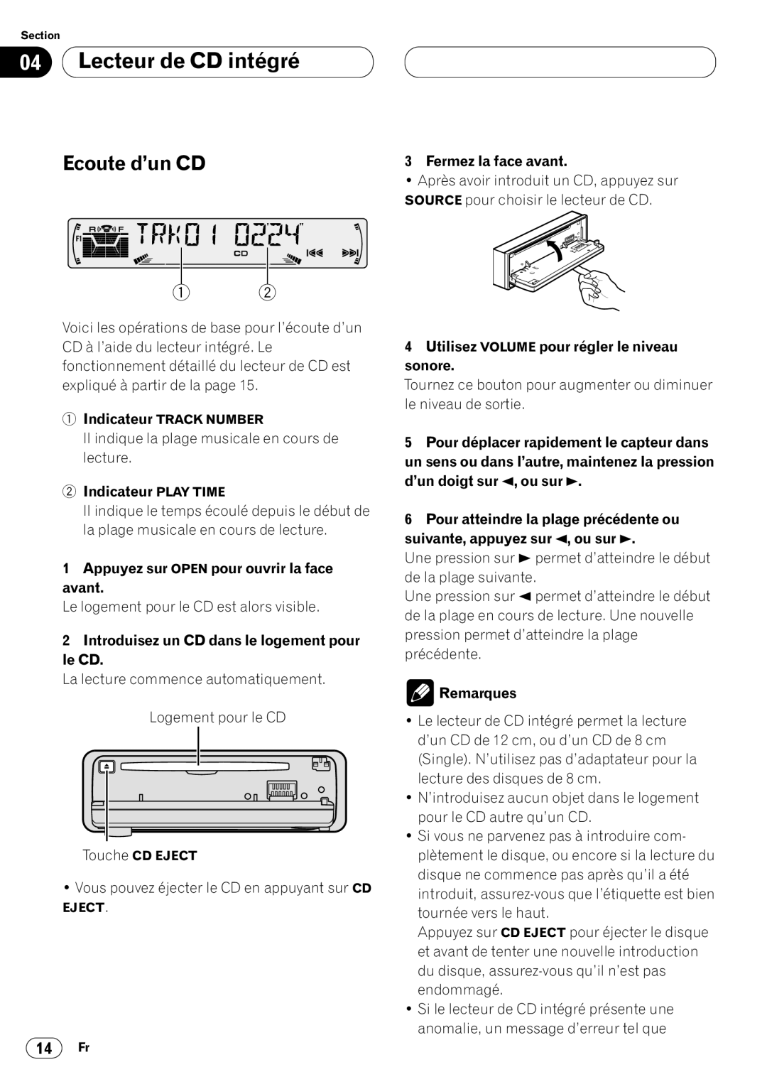 Pioneer DEH-P4400 operation manual Lecteur de CD intégré, Ecoute d’un CD 