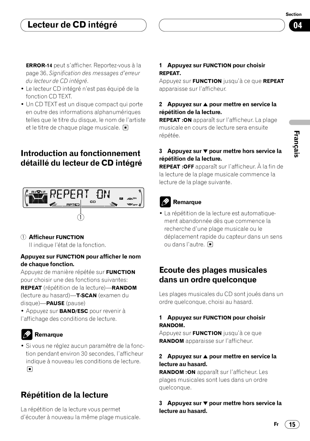 Pioneer DEH-P44 Répétition de la lecture, Ecoute des plages musicales, Dans un ordre quelconque, Lecture au hasard 