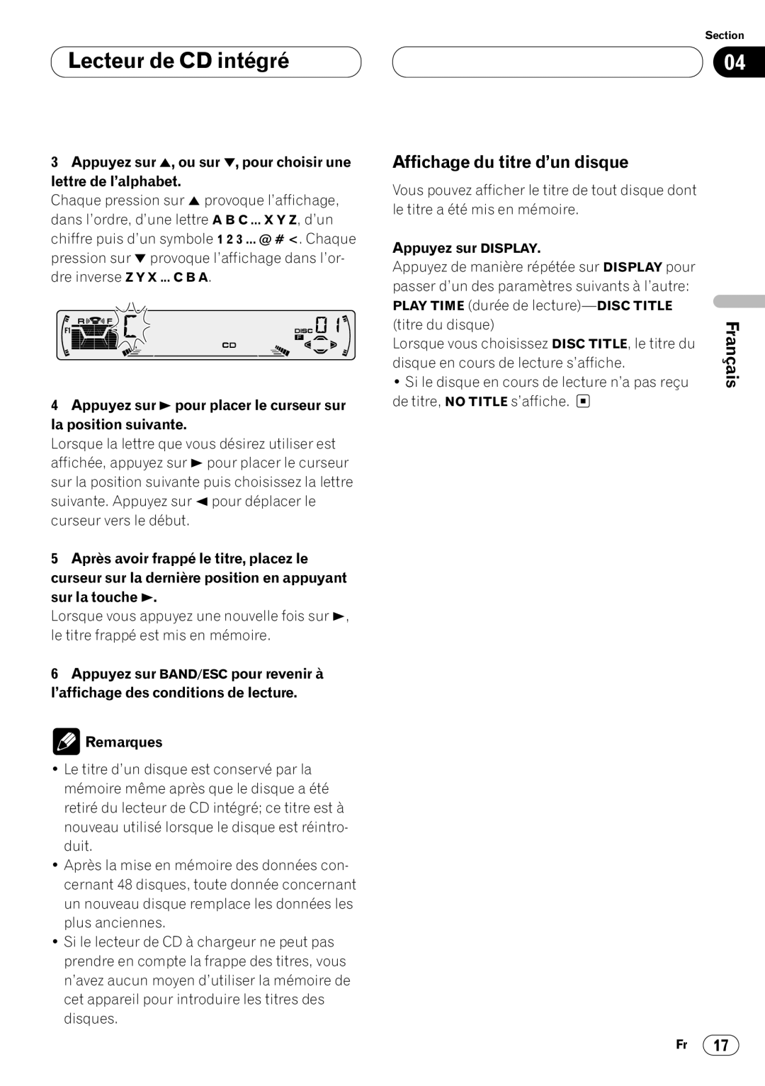 Pioneer DEH-P4400 operation manual Affichage du titre d’un disque, Appuyez sur Display 