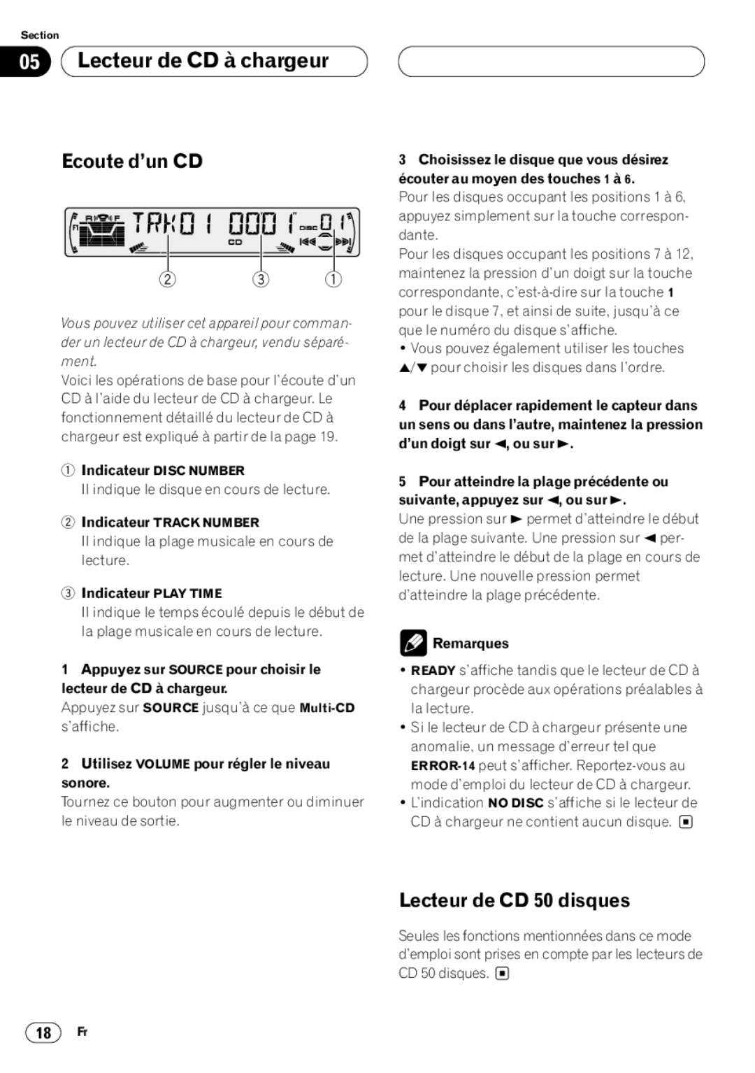 Pioneer DEH-P4400 operation manual Lecteur de CD à chargeur, Lecteur de CD 50 disques, Indicateur Disc Number 