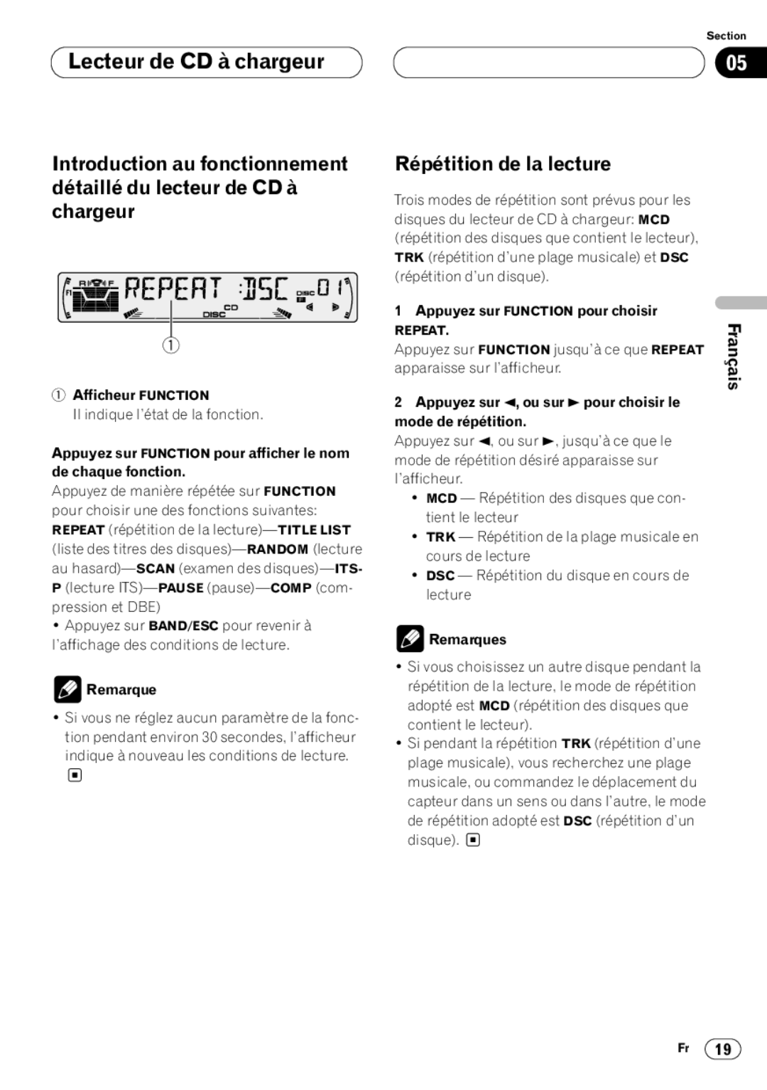 Pioneer DEH-P4400 operation manual Afficheur Function, Appuyez sur 2, ou sur 3 pour choisir le Mode de répétition 