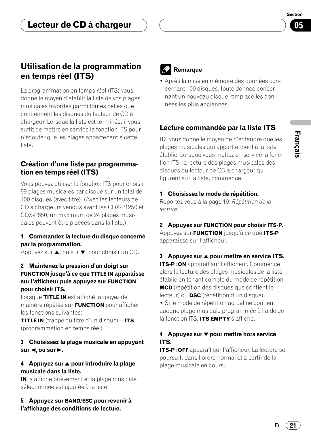 Pioneer DEH-P4400 operation manual Utilisation de la programmation en temps réel ITS, Lecture commandée par la liste ITS 