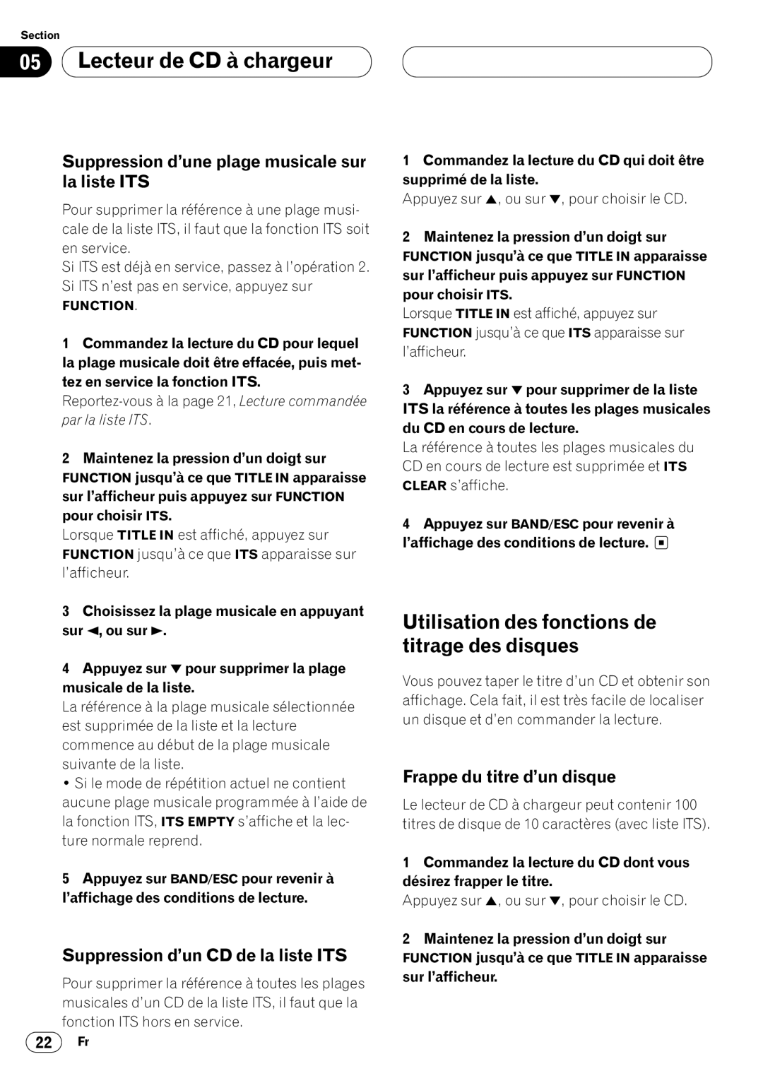 Pioneer DEH-P4400 operation manual Suppression d’une plage musicale sur la liste ITS, Suppression d’un CD de la liste ITS 