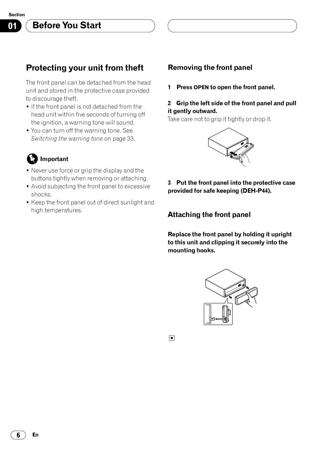 Pioneer DEH-P4400 operation manual Protecting your unit from theft, Removing the front panel, Attaching the front panel 