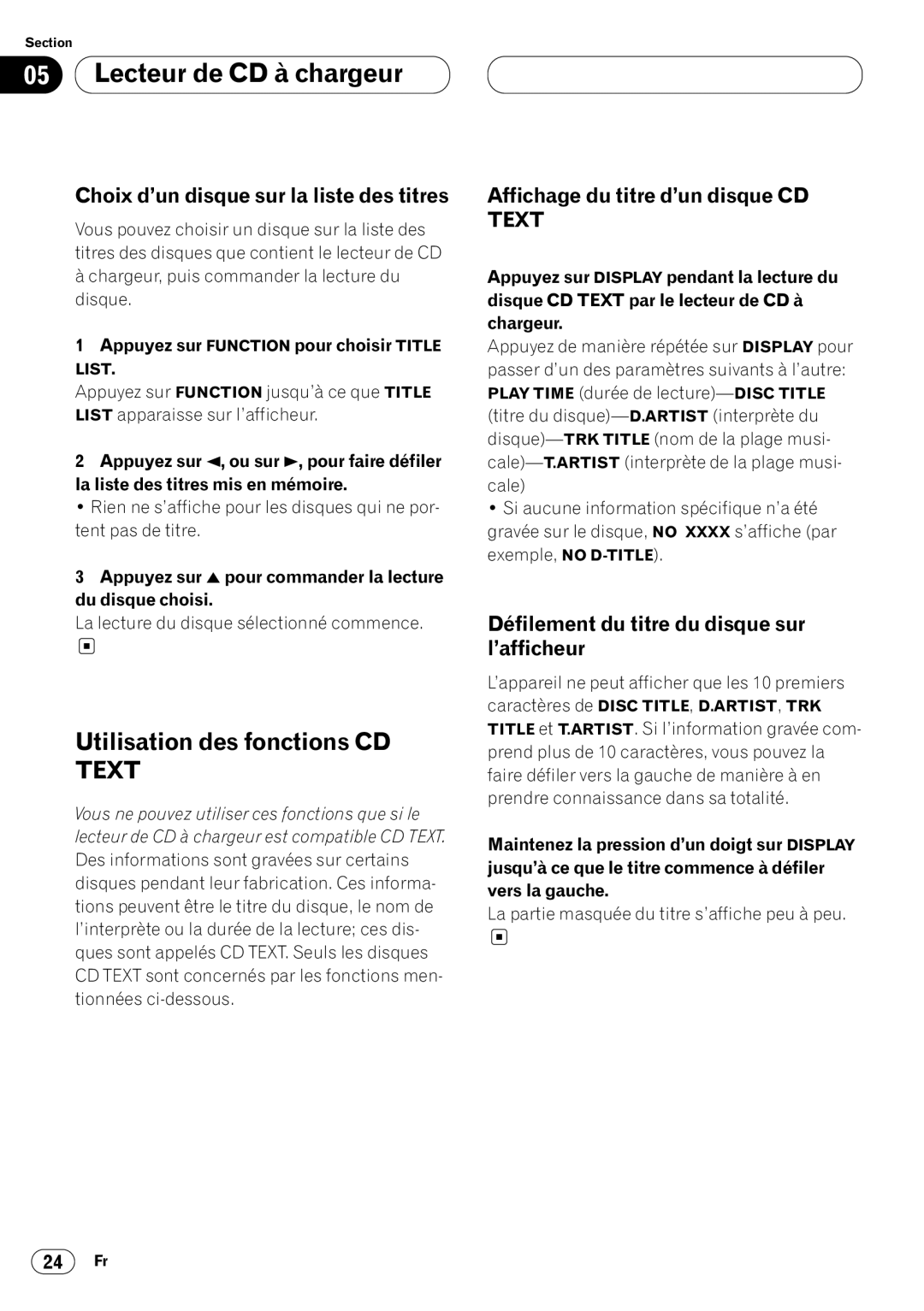 Pioneer DEH-P4400 operation manual Utilisation des fonctions CD Text, Choix d’un disque sur la liste des titres 