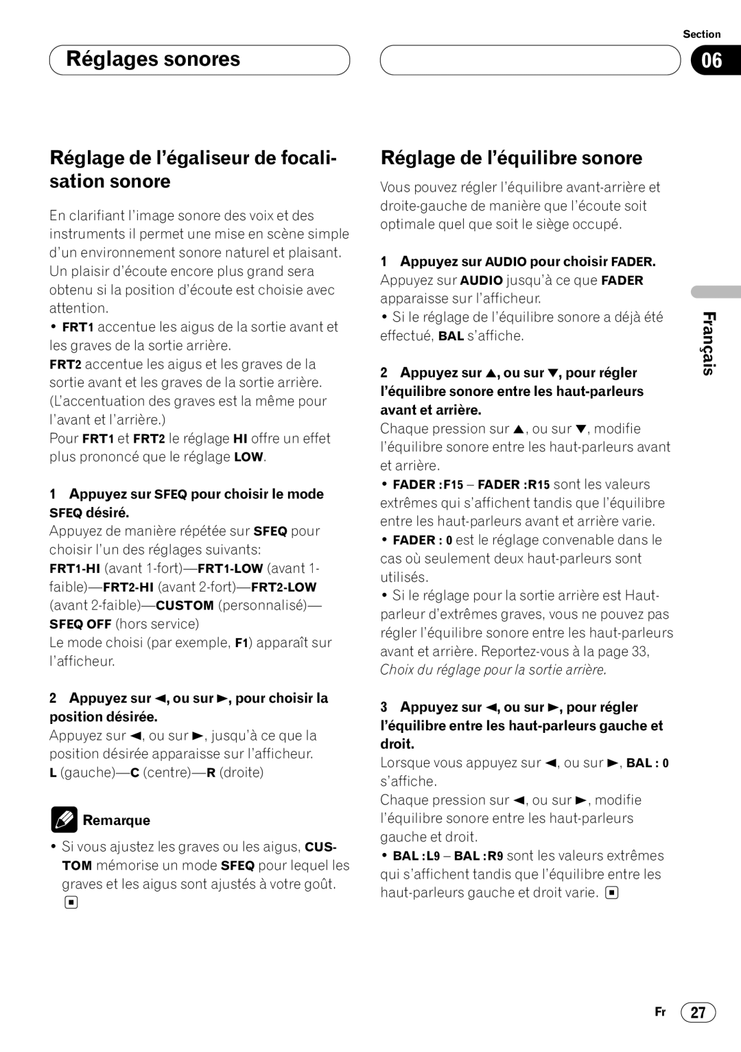 Pioneer DEH-P44 Réglages sonores, Réglage de l’égaliseur de focali- sation sonore, Réglage de l’équilibre sonore 