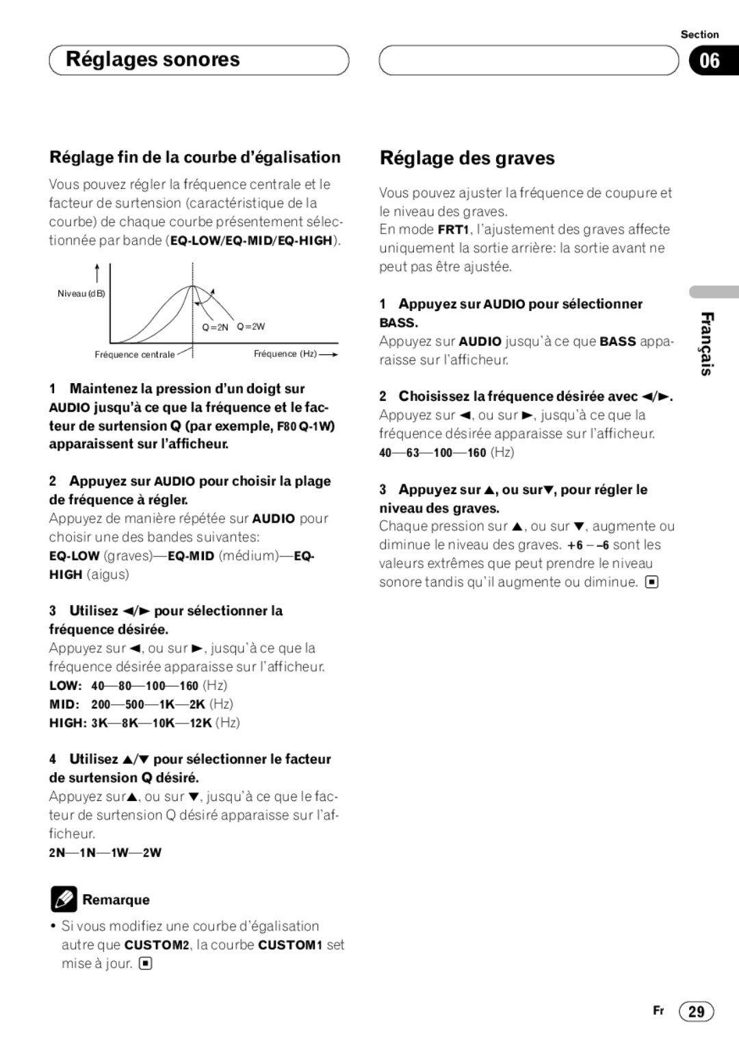 Pioneer DEH-P4400 operation manual Réglage des graves, Réglage fin de la courbe d’égalisation 