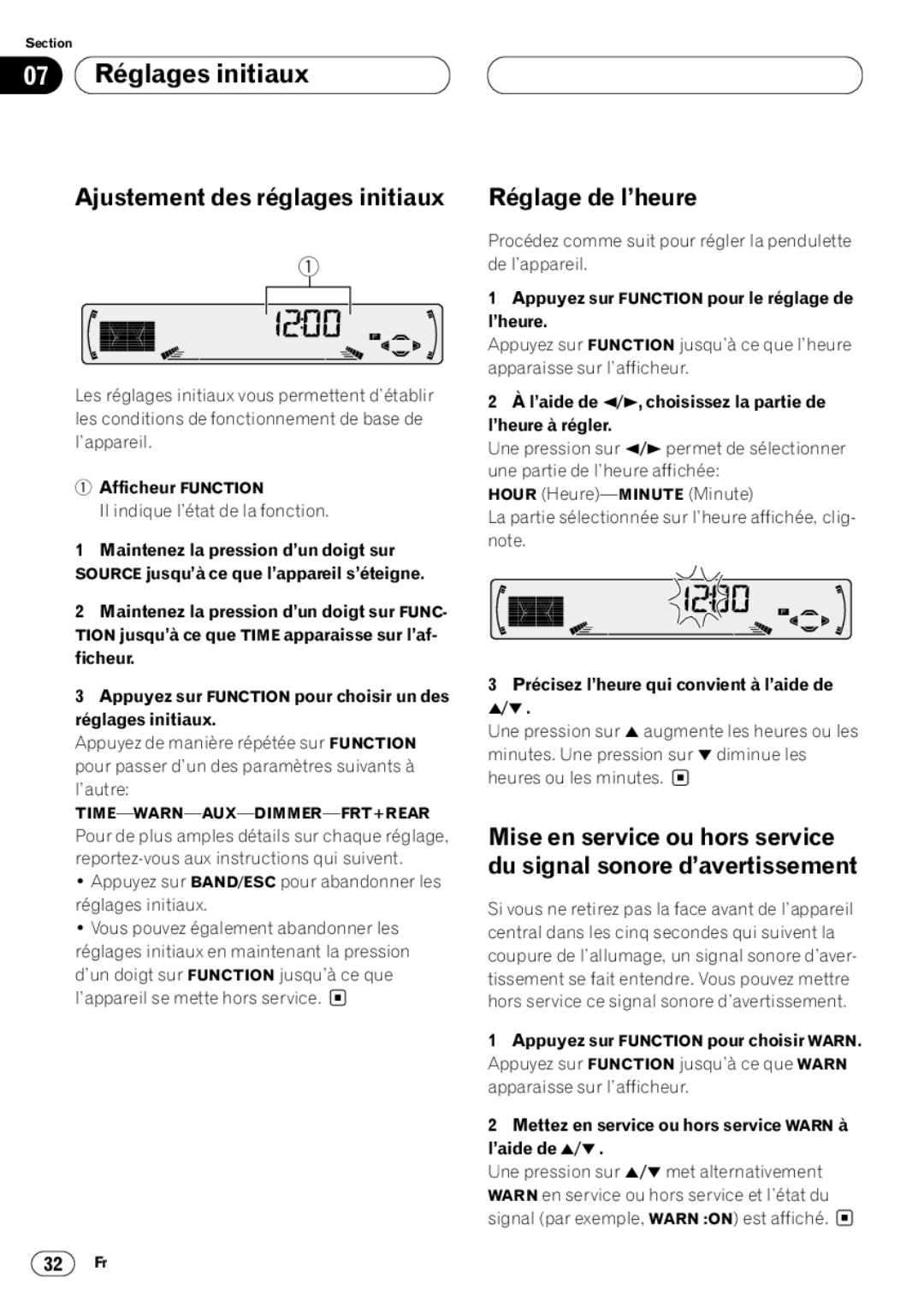 Pioneer DEH-P4400 operation manual 07 Réglages initiaux, Ajustement des réglages initiaux, Réglage de l’heure 