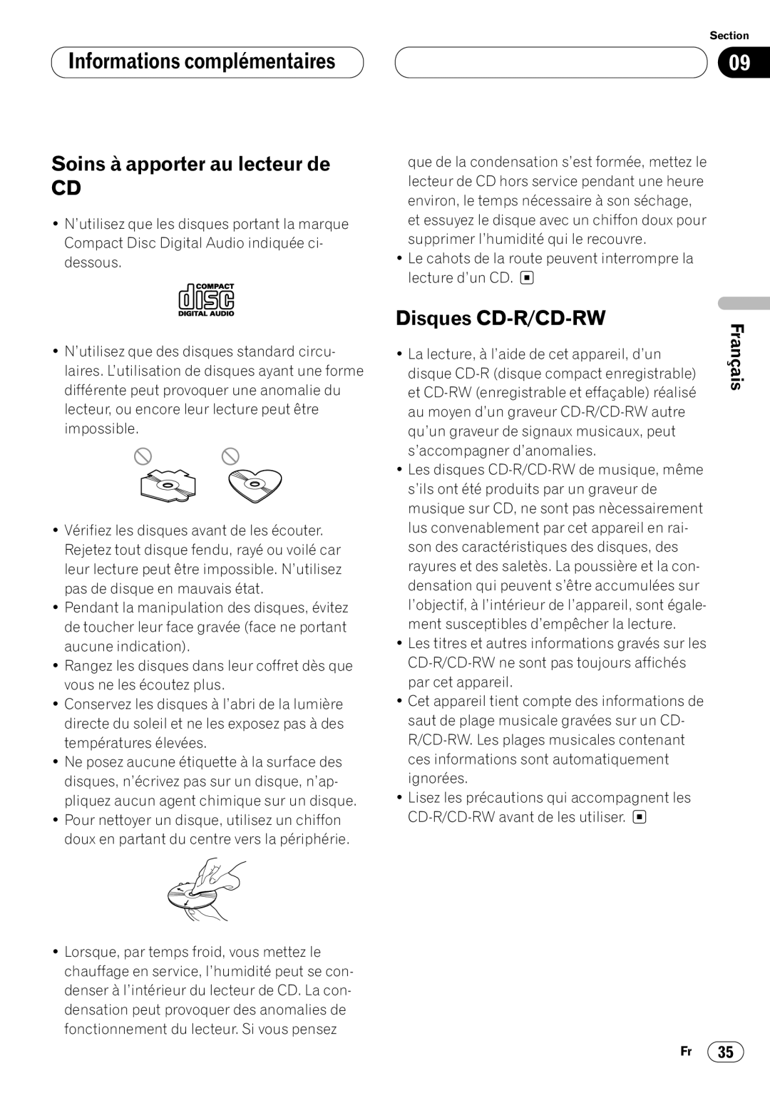 Pioneer DEH-P4400 operation manual Informations complémentaires Soins à apporter au lecteur de, Disques CD-R/CD-RW 