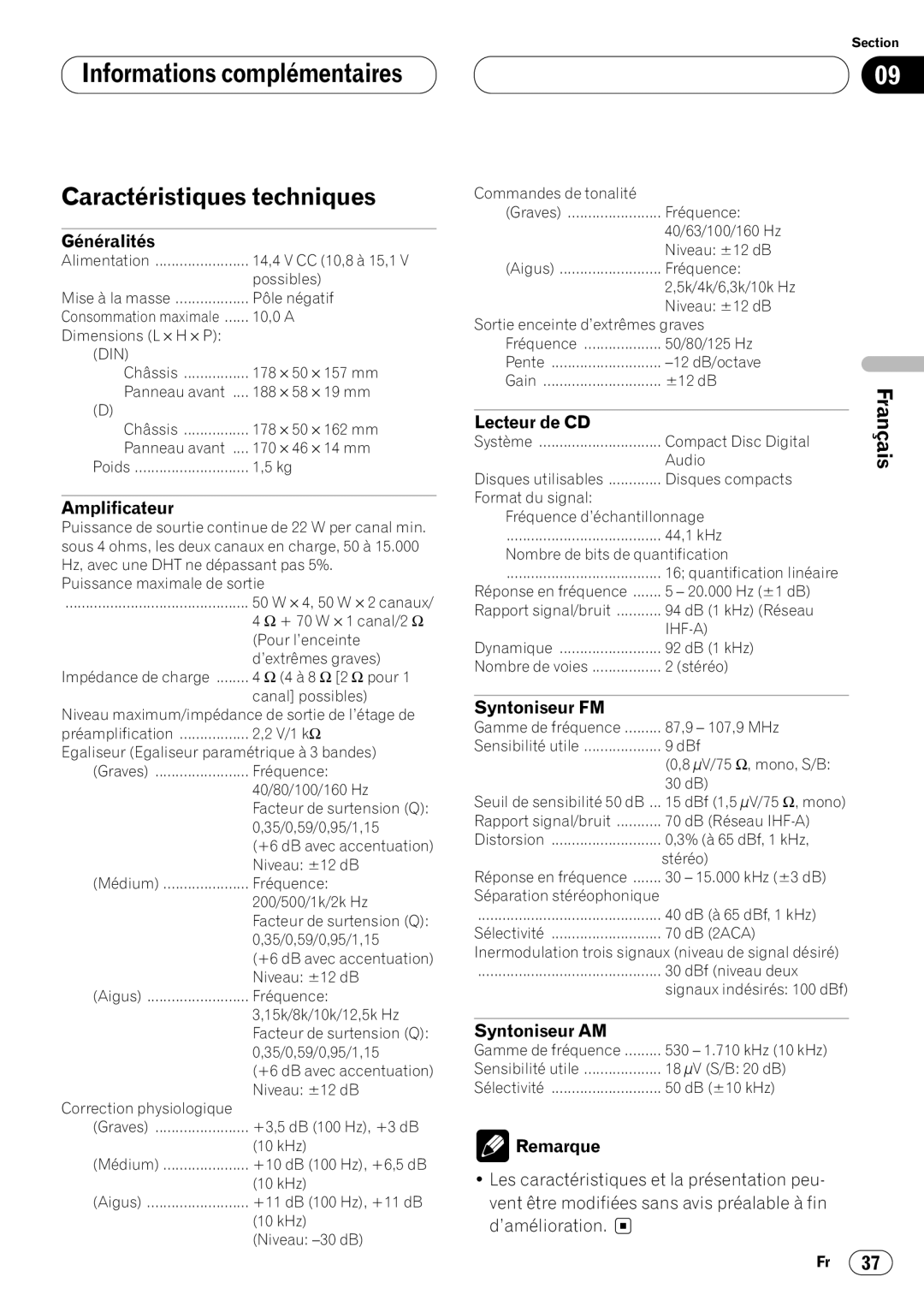 Pioneer DEH-P4400 operation manual Informations complémentaires Caractéristiques techniques 