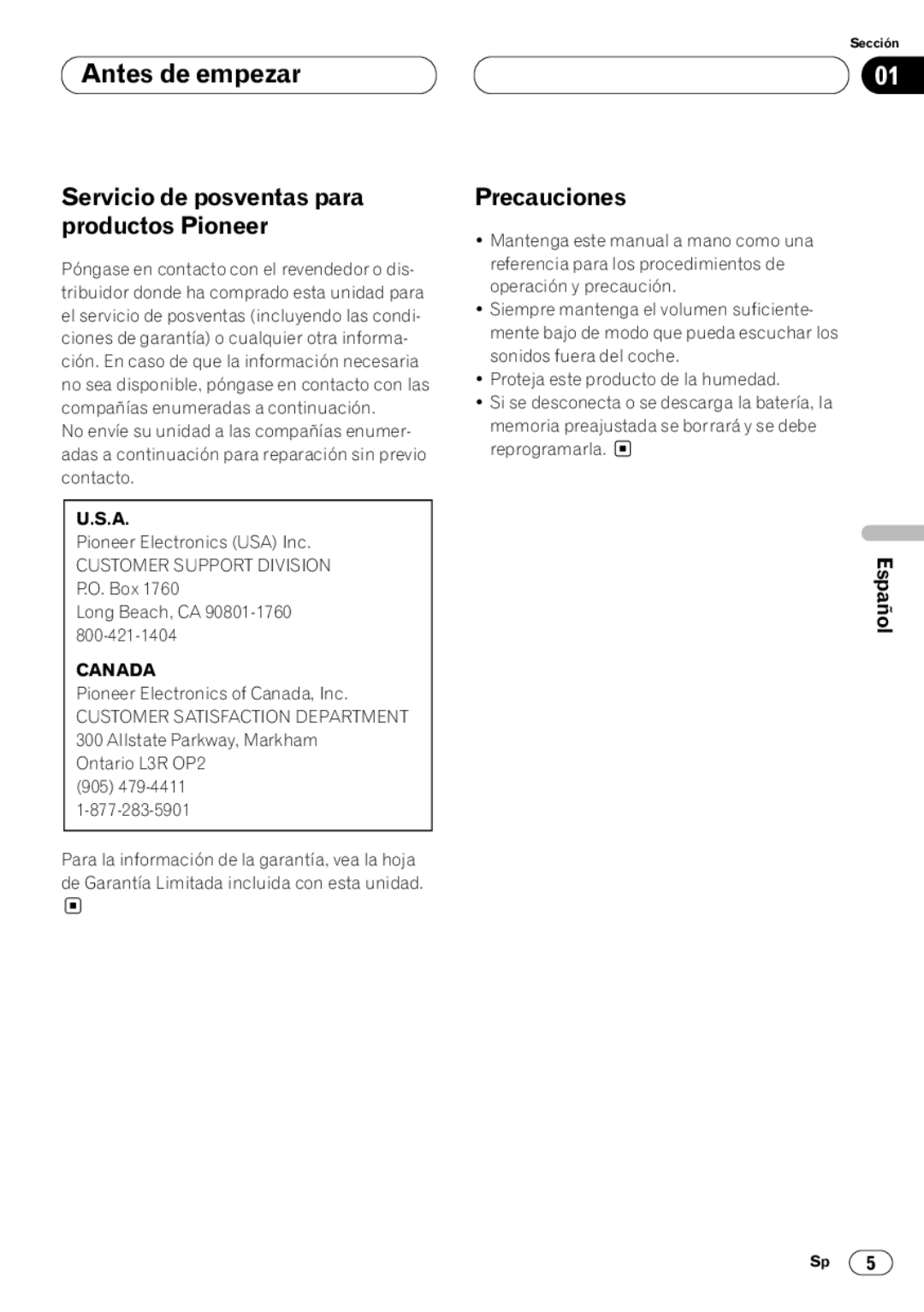 Pioneer DEH-P4400 operation manual Servicio de posventas para productos Pioneer, Precauciones 