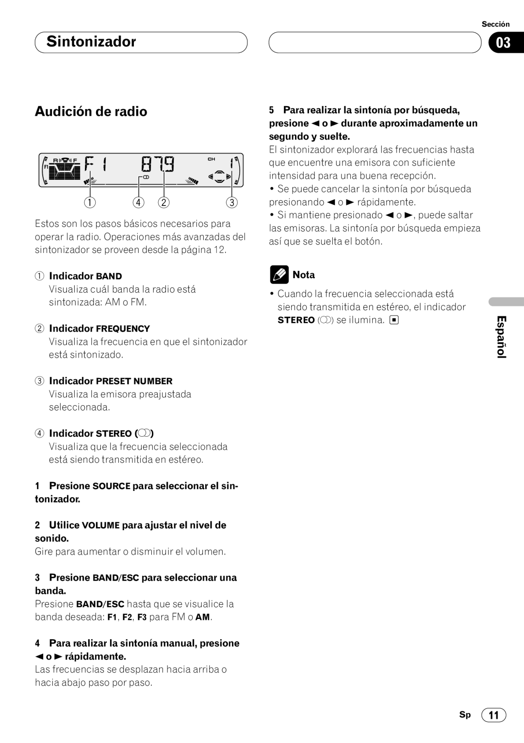 Pioneer DEH-P4400 operation manual Sintonizador, Audición de radio 