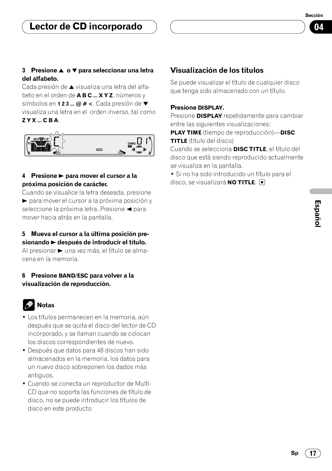 Pioneer DEH-P44 Visualización de los títulos, Presione 5 o ∞ para seleccionar una letra del alfabeto, Presione Display 